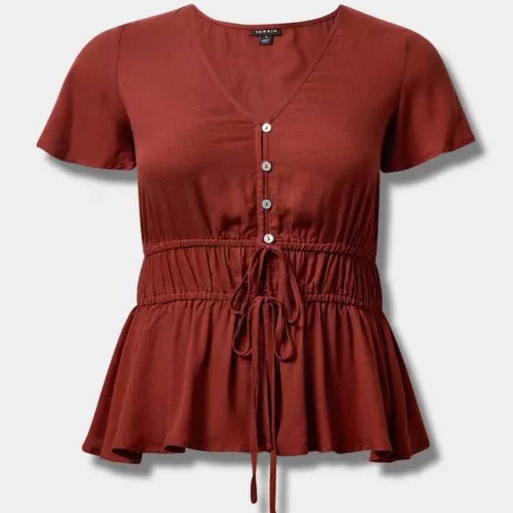 torrid Rust Red Button-Front Peplum Tie-Waist Blouse